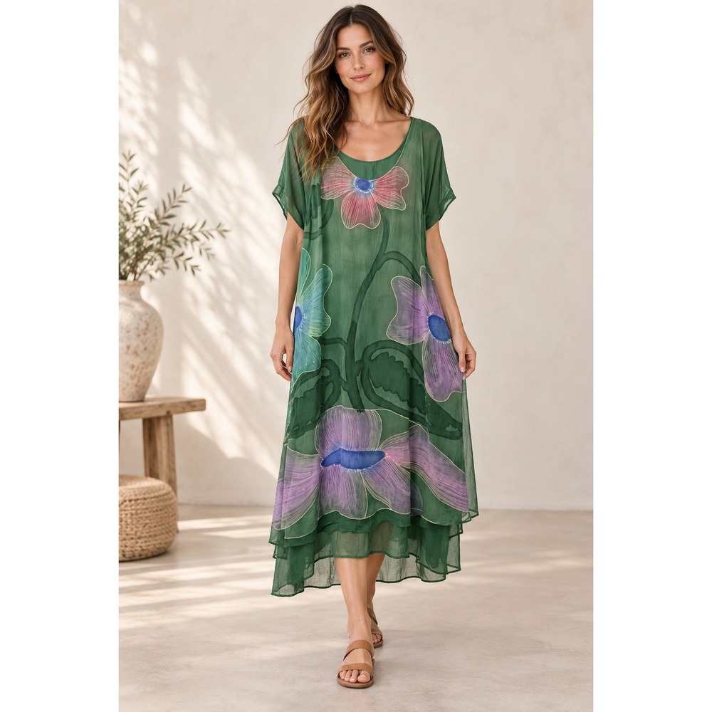 Ashley Stewart Women 2X Dress Green Floral Sheer Overlay Boho Layered Midi Artsy